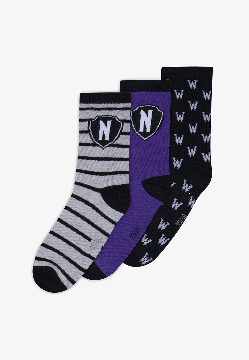 Drei Paare kniehohe Socken: ein graues mit schwarzen Streifen und einem schwarzen Schild-Logo, eines in einfarbigem Lila und eines schwarzes mit weißen Mustern.