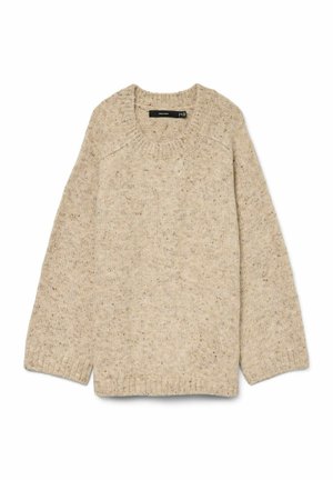 Pull en laine beige à col rond et à manches longues. Présente un tissu texturé avec des éclats subtils et des détails en côtes à l'ourlet.