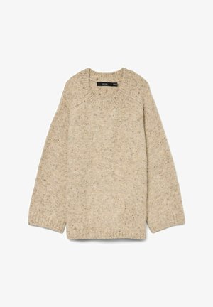 Beige knitted sweater with a round neckline and long sleeves. Features a textured fabric with subtle flecks and ribbed hem details.