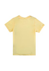 T-shirt in cotone giallo, girocollo, maniche corte, design semplice, texture morbida, priva di motivi o accenti, vista da dietro.