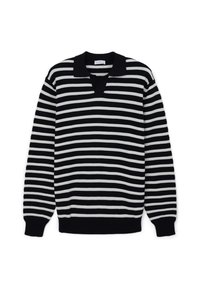 Maglione a righe bianche e nere con colletto, polsini e orlo a coste. Presenta un design a scollo a V e un tessuto morbido e texture.