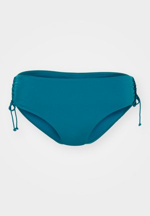 Teal bikinibukser med en glat struktur, har sidesnor til justering og en miderstinget design for dækning.