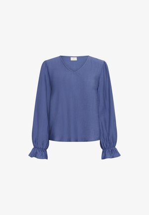 Sinine pikkade varrukatega pluus V-kaelusega. Heleda kangaga, volditud ballonvarrukate ja elastsete mansettidega. Sile tekstuur ja mugav lõige.