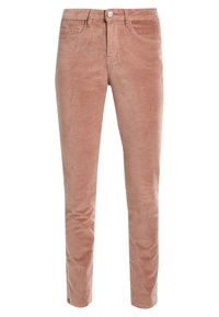 Prachová růžová sametová džínovina s úzkým střihem, designem s pěti kapsami, zapínáním na knoflík a hladkým povrchem.