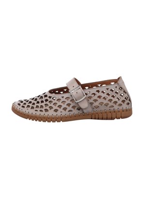 Light beige flat shoe with perforated pattern, leather strap with metal buckle, and tan rubber sole.
