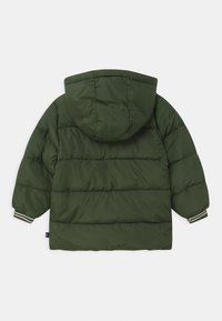 Chaqueta acolchada verde con capucha, presenta secciones acolchadas horizontales, puños elásticos con rayas blancas y una textura exterior suave.