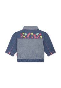 Veste en denim avec col, manches trois quarts et broderie colorée en forme de cœur au dos, avec un ourlet élastique.