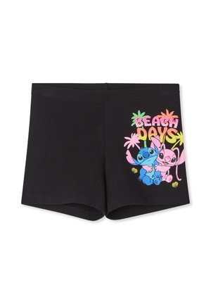 Costume da bagno nero con una grafica colorata che presenta personaggi dei cartoni animati e il testo "BEACH DAYS" in un carattere audace e giocoso.