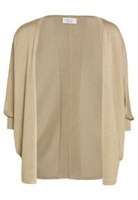 Beige öppen cardigan med ribbad textur som sträcker sig ner längs mitten och breda ärmar. Mjuk material med draperad design och minimal hårdvara.