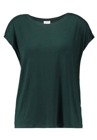 Mörkgrön kortärmad t-shirt i mjukt tyg, med en vid halsringning och en avslappnad passform. Slät texture med minimala sömmar.