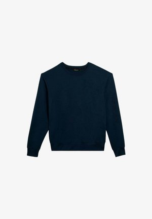 Sweatshirt en col ras du cou marine en tissu mélangé. Présente des poignets et un ourlet à côtes, avec un logo en relief sur la manche gauche.