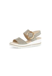 Gray suede wedge sandals featuring two wide straps and a circular accent. The sole is white with textured grooves for grip.