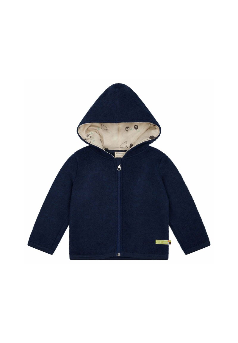 Felpa con zip di colore blu navy in pile, con interno foderato e illustrazioni di animali. Include un cappuccio e tasche laterali per una maggiore funzionalità.