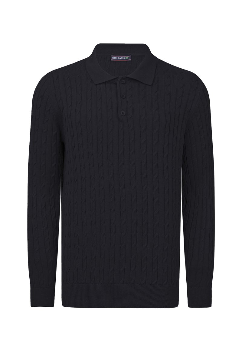 Polo shirt in navy con lavorazione a coste, maniche lunghe, colletto a coste e patta con tre bottoni. Texture liscia e design aderente.