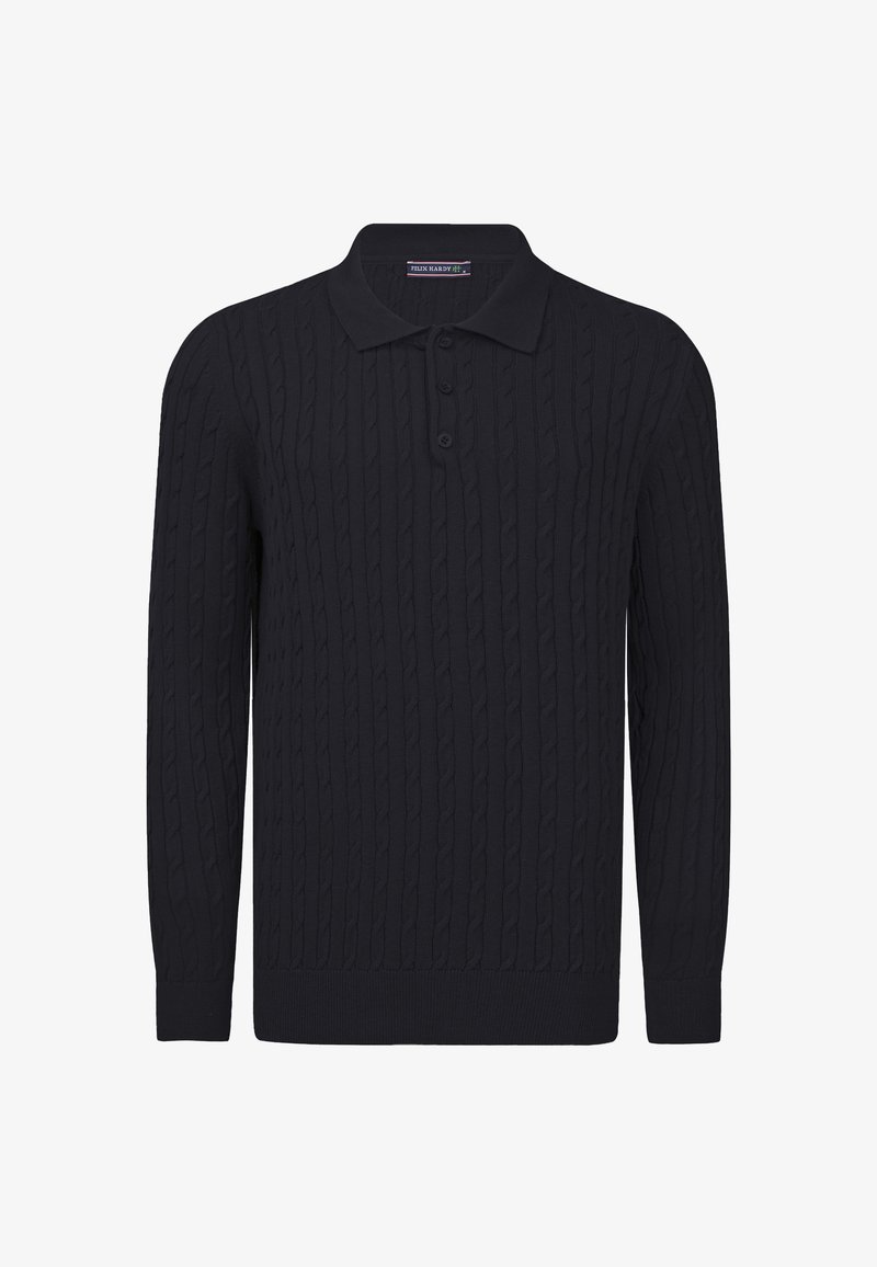 Navy-Pullover mit Kabelstrickmuster, langen Ärmeln, geripptem Kragen und Drei-Knopf-Leiste. Glatte Textur und taillierte Passform.