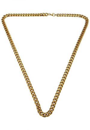 Collana in oro con un design a catena spessa e ad anelli interconnessi. La superficie è lucida e liscia, aumentando la sua qualità riflettente.