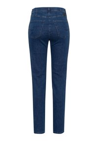 Jeans in denim di colore blu scuro, design a gamba dritta, con due tasche posteriori, cuciture sottili e orlo finito.