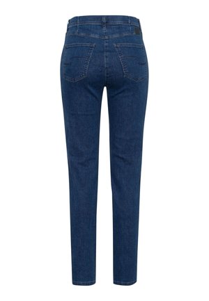 Donkerblauwe denim jeans, met een recht model, voorzien van twee achterzakken, subtiele stiksels en een afgewerkte zoom.