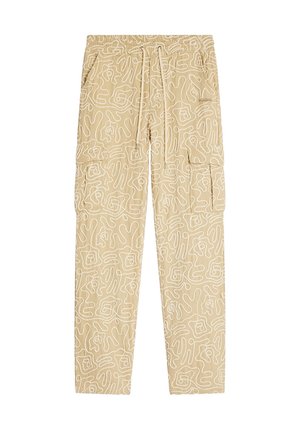 Beige cargobroek met een wit abstract patroon, een elastische tailleband met aantrekkoord en zijzakken. Textuurstof overal.