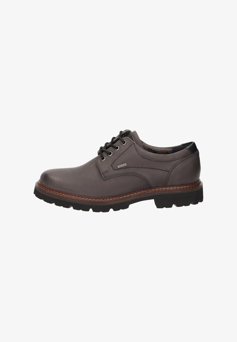 Braune Leder Schnürschuhe für Herren mit schwarzer Gummisohle und Kontrastnähten entlang der Sohlenkante.