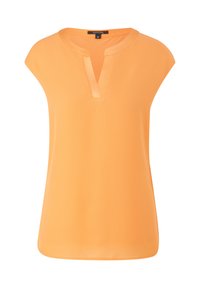 Kurzarmpullover mit V-Ausschnitt in leuchtendem Orange, aus glattem Stoff gefertigt. Hat eine lockere Passform und einen abgerundeten Saum, ohne sichtbare Muster oder Verzierungen.