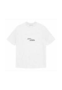 Weißes Baumwoll-T-Shirt mit Rundhalsausschnitt, kurzen Ärmeln und einem kleinen grauen Logo mit der Aufschrift "JACK & JONES", das in der Mitte der Vorderseite platziert ist.