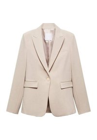 Blazer beige cintré en tissu lisse, doté d'une fermeture à un bouton, d'un col à revers et de deux poches à l'avant.