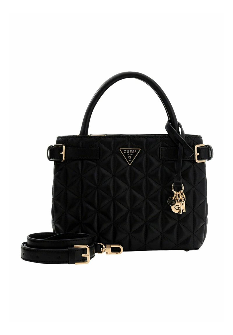 Borsa nera trapuntata in materiale sintetico, con logo triangolare, finiture dorate e tracolla removibile.