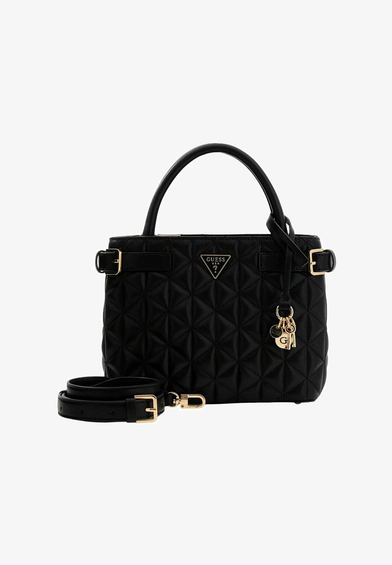 Borsa nera trapuntata in materiale sintetico, con logo triangolare, finiture dorate e tracolla removibile.