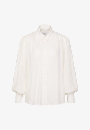 Weiße Langarmbluse mit aufgeblähten Ärmeln, durchgehendem Knopfverschluss, spitzem Kragen und enganliegenden Manschetten.