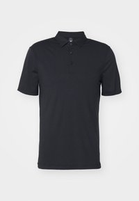 Schwarzes Poloshirt mit kurzen Ärmeln, einem Kragen und einer Knopfleiste mit drei Knöpfen. Glatte Stofftextur mit dezenten Stichdetails am Saum.
