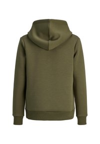 Felpa verde oliva realizzata in tessuto morbido, con una cucitura centrale, polsini e orlo a costine, cappuccio con cordino e senza tasche frontali.