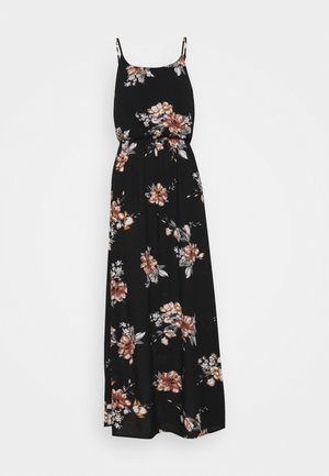 Sort lang ærmeløs kjole med tynde stropper og et blomsterprint i nuancer af brun, hvid og beige, med en markeret talje.