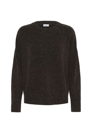 Pull-over en tricot marron foncé à manches longues et col rond, avec un tricot doux et texturé et un ourlet droit.