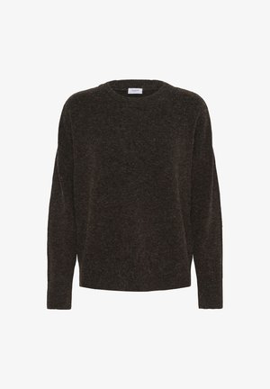 Jersey de manga larga de color marrón oscuro con cuello redondo, tejido suave y texturizado, y dobladillo recto.