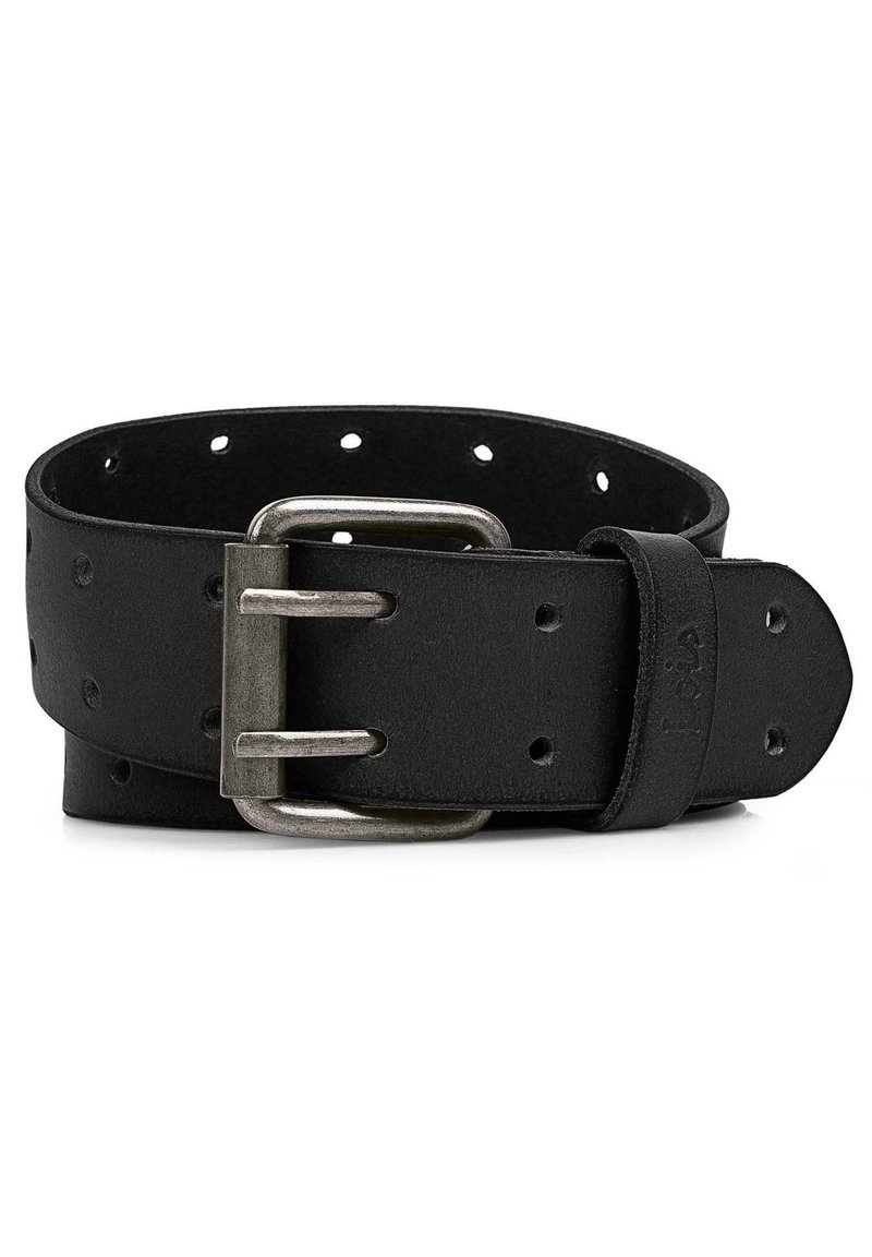 Cinturón de cuero negro con múltiples agujeros para ajustes; presenta una hebilla de metal plateada y un extremo redondeado con un pequeño detalle en relieve.