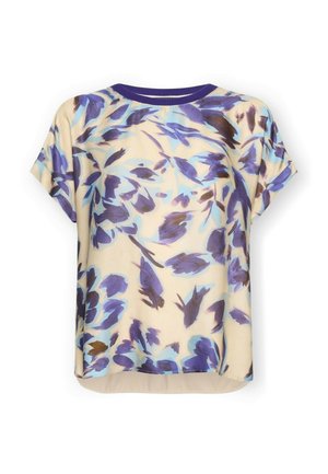 Beige blouse met korte mouwen, abstract paars-blauw bloemenpatroon en een ronde paarse halslijn.