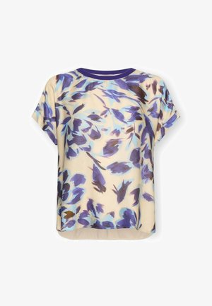 Beige blouse met korte mouwen, abstract paars-blauw bloemenpatroon en een ronde paarse halslijn.