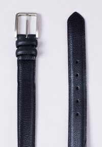 Black leather belt with a textured surface, silver metal buckle, and multiple holes for size adjustment. Flat tapered end.