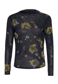 Svart långärmad topp med blommönster i grönt, gult och lila. Tillverkad av genomskinligt tyg med en mjuk, texturerad yta.