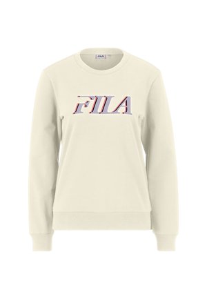 Lyse beige sweatshirt med rund halsudskæring, ribbede manchetter og et fremtrædende multifarvet "FILA" logo på brystet. Blød tekstur.
