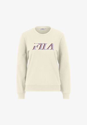 Sudadera de color beige claro con cuello redondo, puños acanalados y un destacado logo multicolor de "FILA" en el pecho. Textura suave.