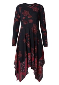 Robe noire à manches longues, ornée de motifs floraux rouges, avec un ourlet asymétrique et une taille cintrée. Confectionnée dans un tissu doux et extensible.