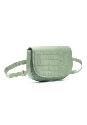 Green crocodile-patterned faux leather bag with a flap closure and a detachable strap. Compact rectangular shape with smooth texture.