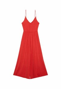Abito rosso senza maniche con scollatura a V profonda, design plissettato e silhouette fluida realizzato in tessuto leggero.