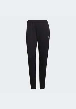 Pantalons de sport noirs en matériau extensible, avec une taille élastique et un petit logo Adidas blanc sur la hanche gauche. Design ajusté.