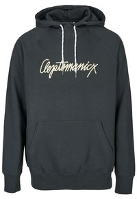 Sudadera con capucha de color gris oscuro, hecha de una mezcla de algodón. Presenta un gran bolsillo frontal, puños acanalados y cordones con acentos en negro.