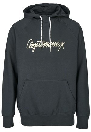 Mørkegrå hættetrøje lavet af en blanding af bomuld. Har en stor lomme på fronten, ribbede mansjetter og snore med sorte accenter.