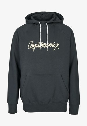 Mørkegrå hættetrøje lavet af en blanding af bomuld. Har en stor lomme på fronten, ribbede mansjetter og snore med sorte accenter.