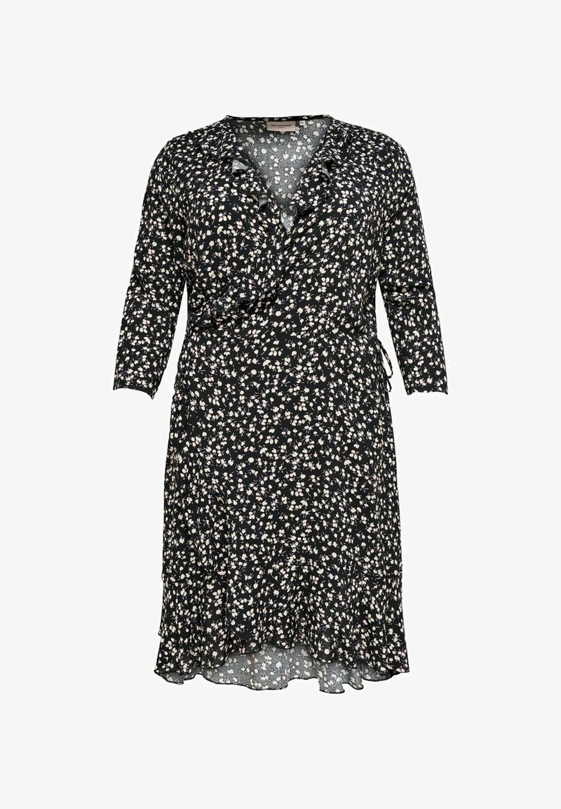 Black wrap dress with 3/4 sleeves, white floral pattern, ruffled neckline, and tie at the waist. Flared hem with a lightweight fabric.